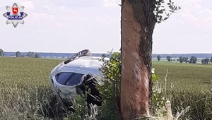 Fotoprzestroga. Po uderzeniu w drzewo kierowca wypadł z auta