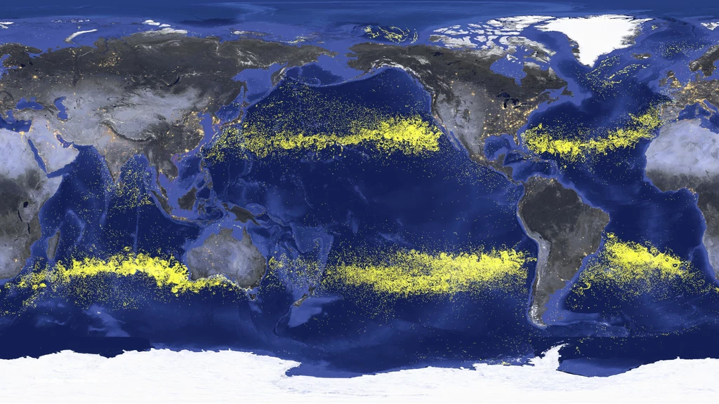 Mapa przedstawia obszary, gdzie występuje dryfujący plastik w oceanach