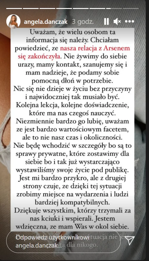 Angela rozstała się z Arsenem, o czym poinformowała na InstaStory Angela rozstała się z Arsenem, o czym poinformowała na InstaStory