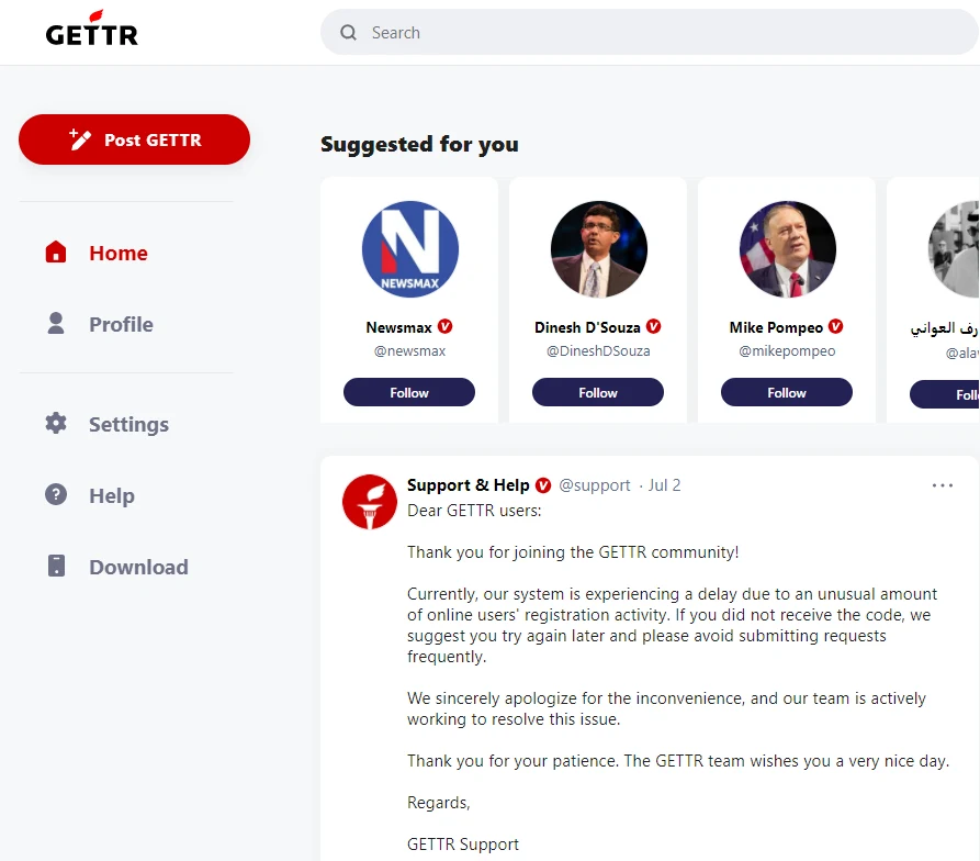 Gettr - zrzut ekranu strony głównej platformy Gettr - zrzut ekranu strony głównej platformy