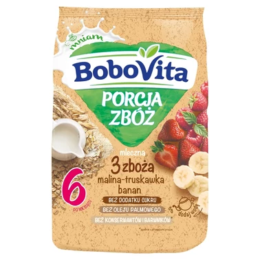 BoboVita Porcja zbóż Kaszka mleczna 3 zboża malina-truskawka-banan po 6 miesiącu 210 g - 1