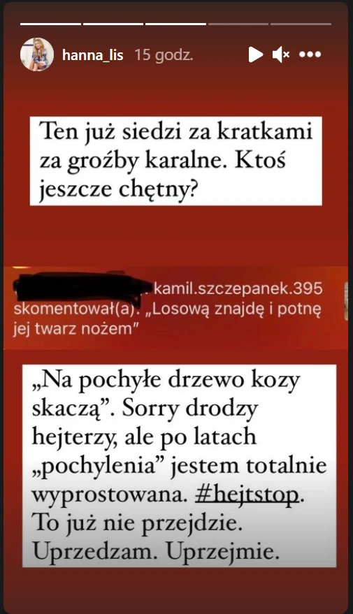 Hannie Lis otrzymuje groźby/ screen pochodzi z https://www.instagram.com/hanna_lis/ Hannie Lis otrzymuje groźby/ screen pochodzi z https://www.instagram.com/hanna_lis/