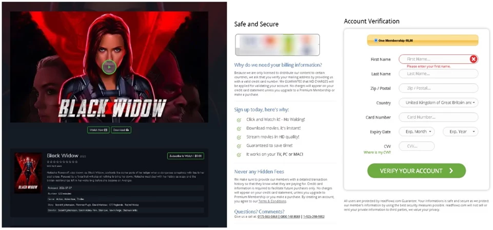 Przykład strony phishingowej oferującej przedpremierowy streaming filmu  "Czarna Wdowa”. Fot. Kaspersky