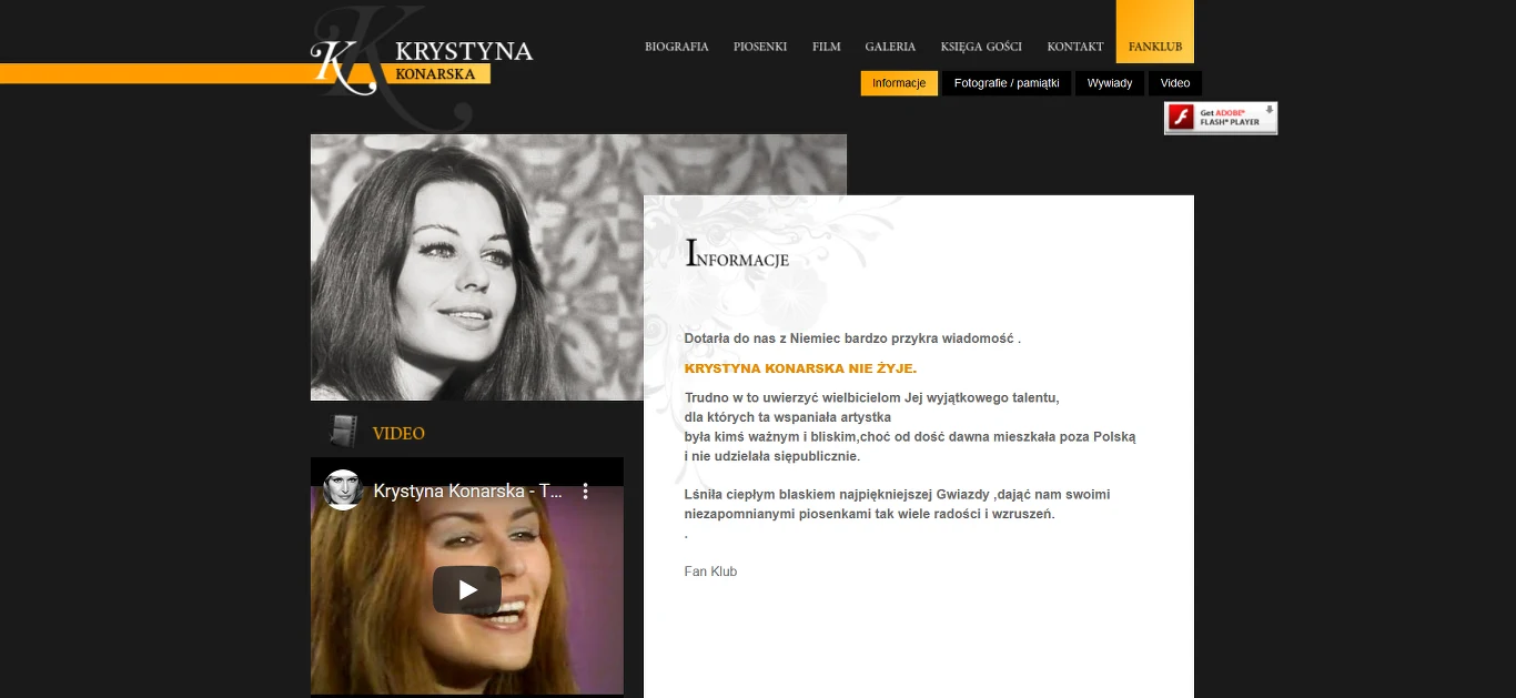 Informacja o śmierci Krystyny Konarskiej na jej oficjalnej stronie internetowej 