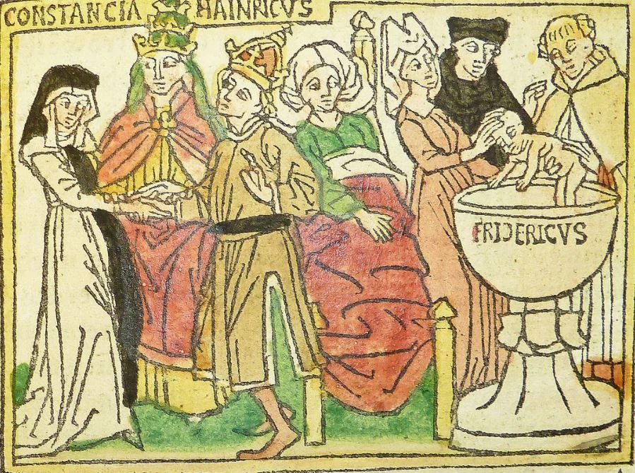 Rycina przedstawiająca chrzest syna Henryka VI, Fryderyka II Rycina przedstawiająca chrzest syna Henryka VI, Fryderyka II