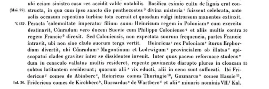 Fragment kroniki św. Piotra, opisujący katastrofę w Erfurcie Fragment kroniki św. Piotra, opisujący katastrofę w Erfurcie