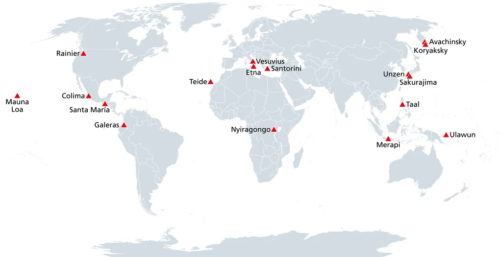 Mapa prezentuje "Wulkany Dekady", czyli te, które są obecnie najgroźniejsze na świecie