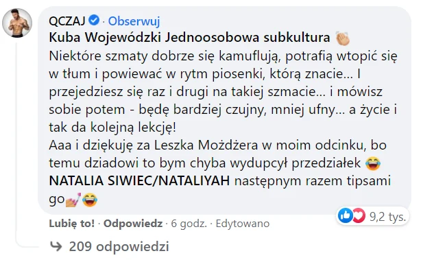 Komentarz Qczaja pod wpisem na Facebooku Kuby Wojewódzkiego! Komentarz Qczaja pod wpisem na Facebooku Kuby Wojewódzkiego!