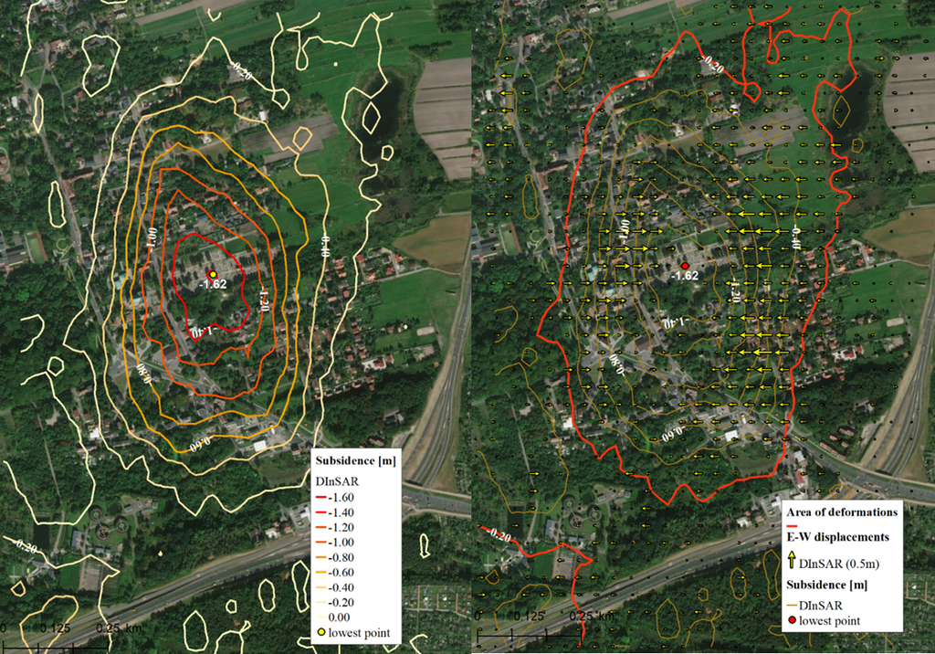 Deformacje pionowe (po lewej) oraz poziome w kierunku wschód-zachód z obrazów satelitarnych dla terenu miasta Bytom. Fot. Instytut Geodezji i Geoinformatyki UPWr