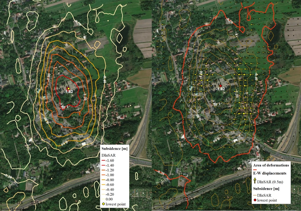 Deformacje pionowe (po lewej) oraz poziome w kierunku wschód-zachód z obrazów satelitarnych dla terenu miasta Bytom. Fot. Instytut Geodezji i Geoinformatyki UPWr Deformacje pionowe (po lewej) oraz poziome w kierunku wschód-zachód z obrazów satelitarnych dla terenu miasta Bytom. Fot. Instytut Geodezji i Geoinformatyki UPWr