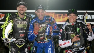 Podium szwedzkich zmagań - Artiom Łaguta, Bartosz Zmarzlik i Fredrik Lindgren