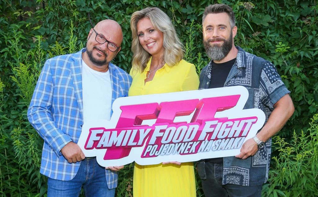 Ewa Wachowicz, Piotr Gąsowski i Adam Borowicz na planie zdjęciowym spotu programu "Family Food Fight. Pojedynek na smaki"