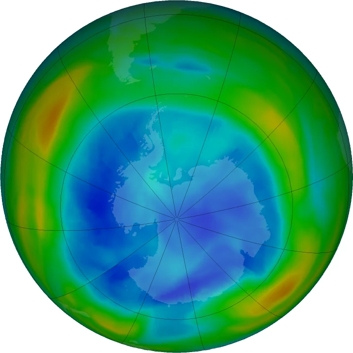 Warstwa ozonowa nad Antarktydą. Najcieńsze warstwy ozonu oznaczono kolorem fioletowym i niebieski, a żółtym i czerwonym obszary, gdzie jest więcej ozonu