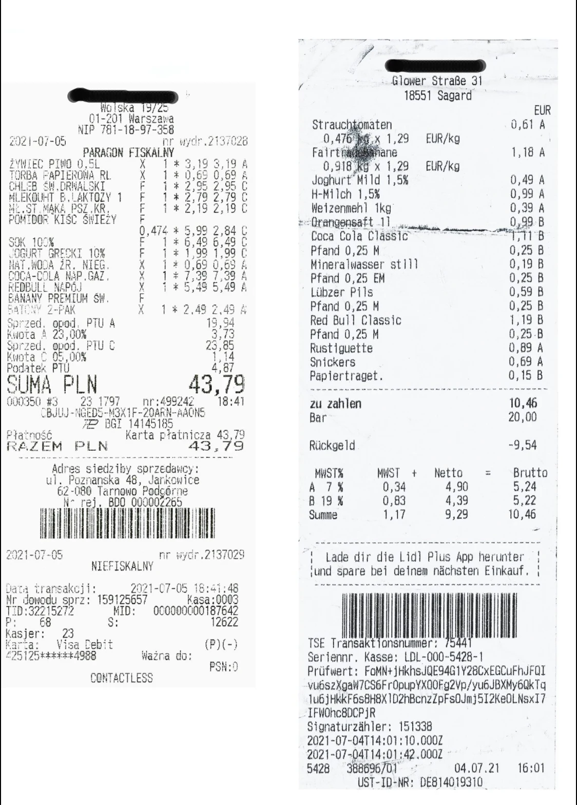 Porównanie polskich i niemieckich rachunków za te same produkty Porównanie polskich i niemieckich rachunków za te same produkty