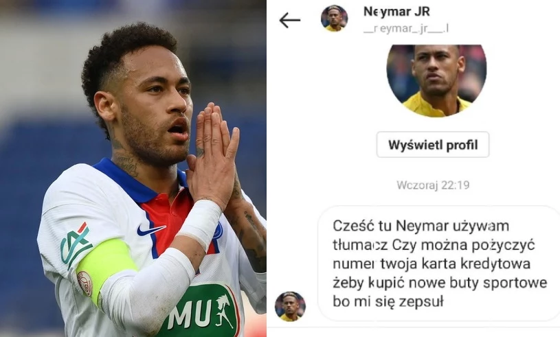 Po lewej prawdziwy Neymar, po prawej - nieprawdziwa informacja od oszustów. Fot. AFP/materiały prasowe