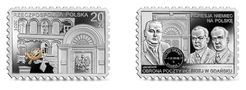 Moneta kolekcjonerska NBP: Obrona Poczty Polskiej w Gdańsku. Agresja Niemiec na Polskę, 20 zł, awers (L) i rewers (P) Moneta kolekcjonerska NBP: Obrona Poczty Polskiej w Gdańsku. Agresja Niemiec na Polskę, 20 zł, awers (L) i rewers (P)