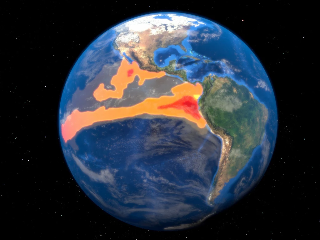 Wizualizacja El Niño - zjawiska pogodowego i oceanicznego, polegającego na utrzymywaniu się ponadprzeciętnie wysokiej temperatury na powierzchni wody w strefie równikowej Pacyfiku.