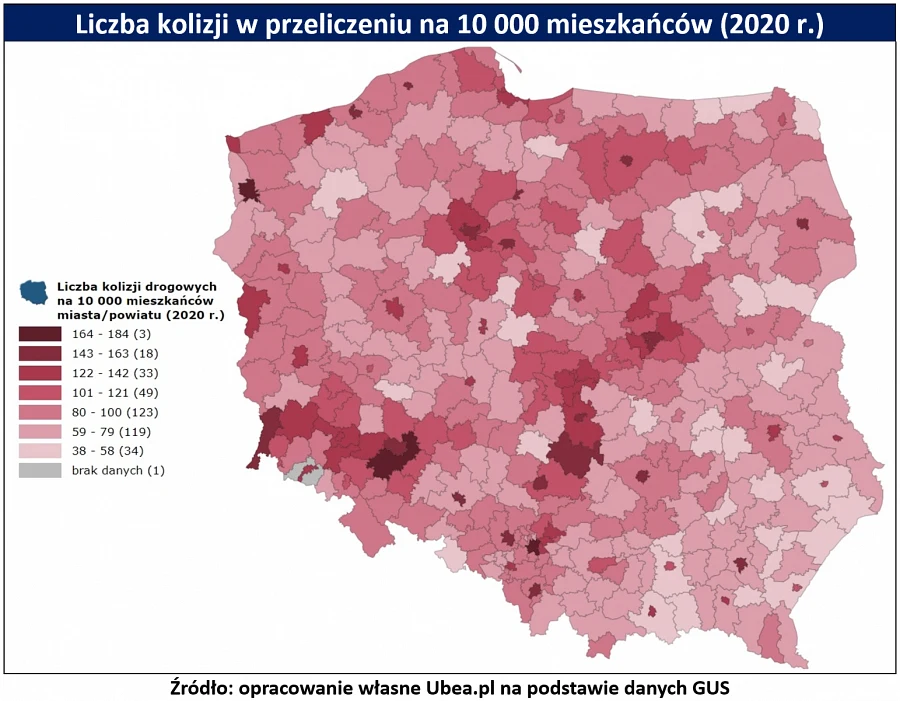 W których powiatach najczęściej dochodzi do stłuczek?