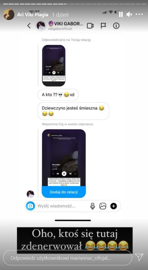 Screen z wiadomości otrzymanej przez Mariannę Ćwiąkałę od Viki Gabor