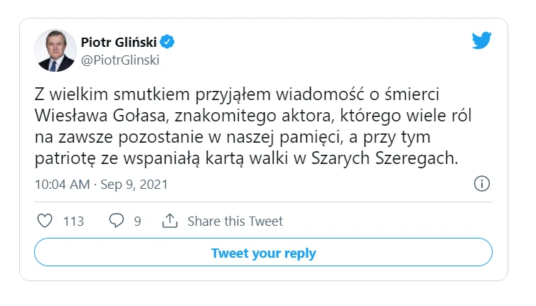 Wpis Piotra Glińskiego na Twitterze Wpis Piotra Glińskiego na Twitterze