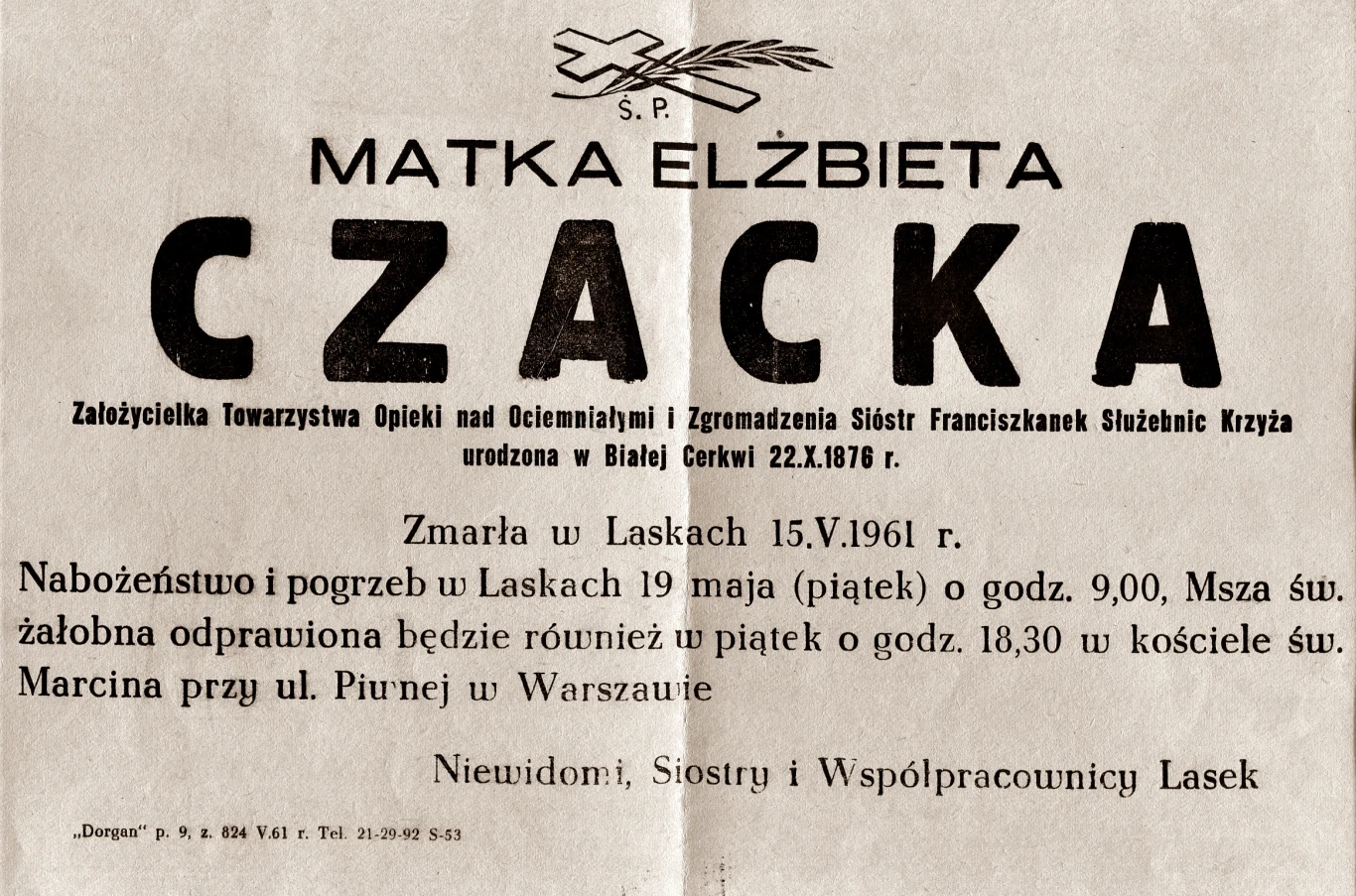 Klepsydra zawiadamiająca o uroczystościach pogrzebowych Matki Elżbiety Czackiej 
