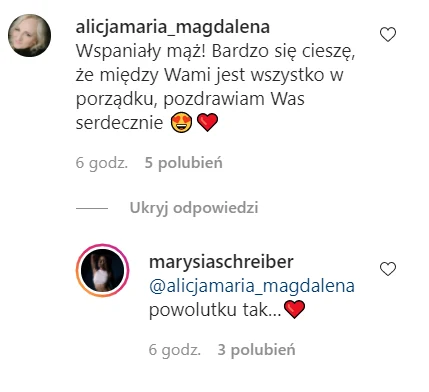 Komentarze pod postem Marianny Schreiber https://www.instagram.com/marysiaschreiber/