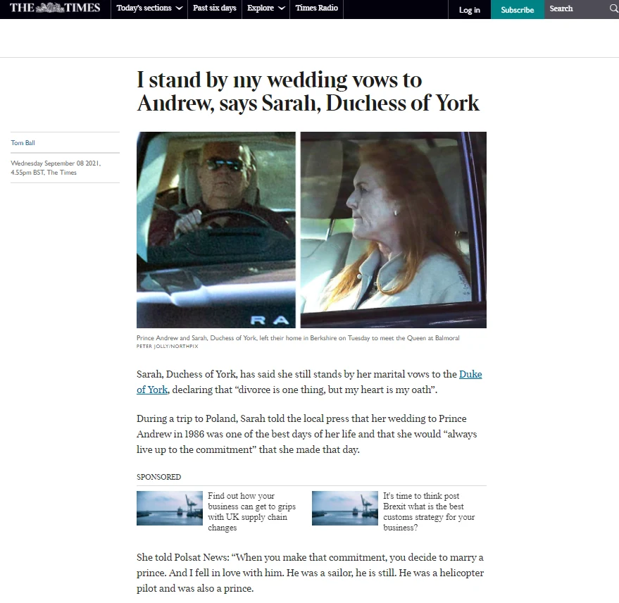 Artykuł "The Times UK" na podstawie wywiadu Laskowskiej z Sarah Ferguson w Polsat News. Artykuł "The Times UK" na podstawie wywiadu Laskowskiej z Sarah Ferguson w Polsat News.