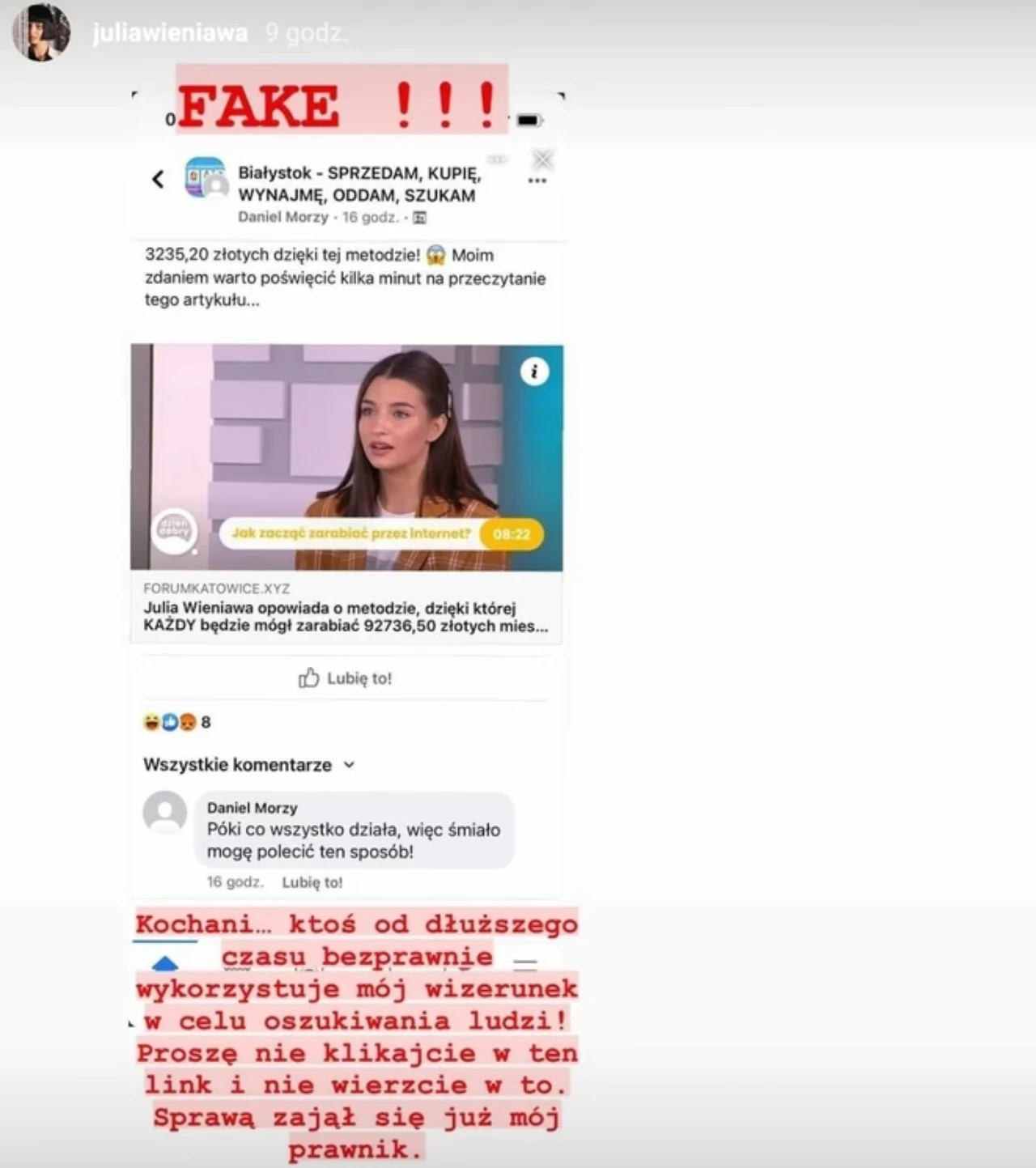 Julia Wieniawa ostrzega internautów! /https://www.instagram.com/juliawieniawa/ Julia Wieniawa ostrzega internautów! /https://www.instagram.com/juliawieniawa/