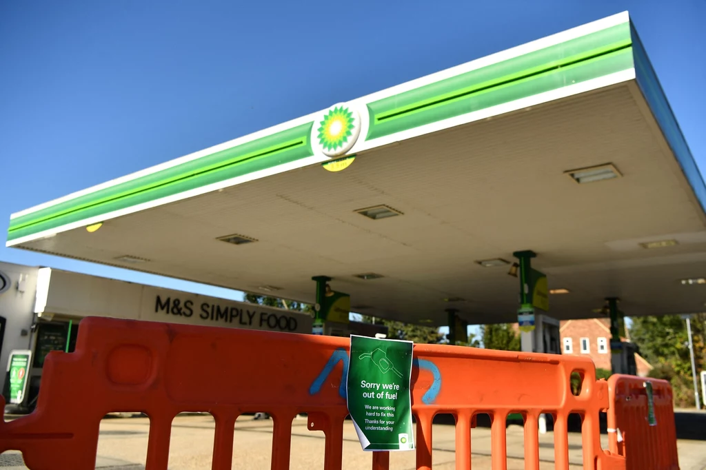 Zamknięta z powodu braku paliwa stacja BP w Hildenborough, południowo wschodnia Anglia (24 września 2021 r.)