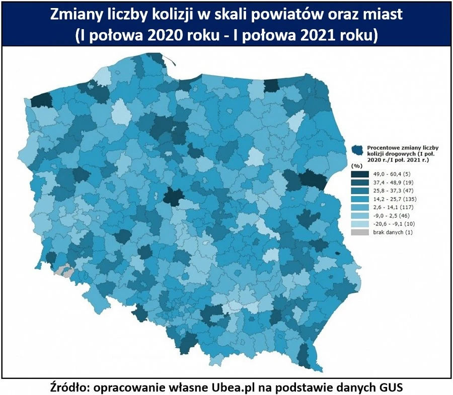 W których powiatach najszybciej rośnie liczba kolizji?