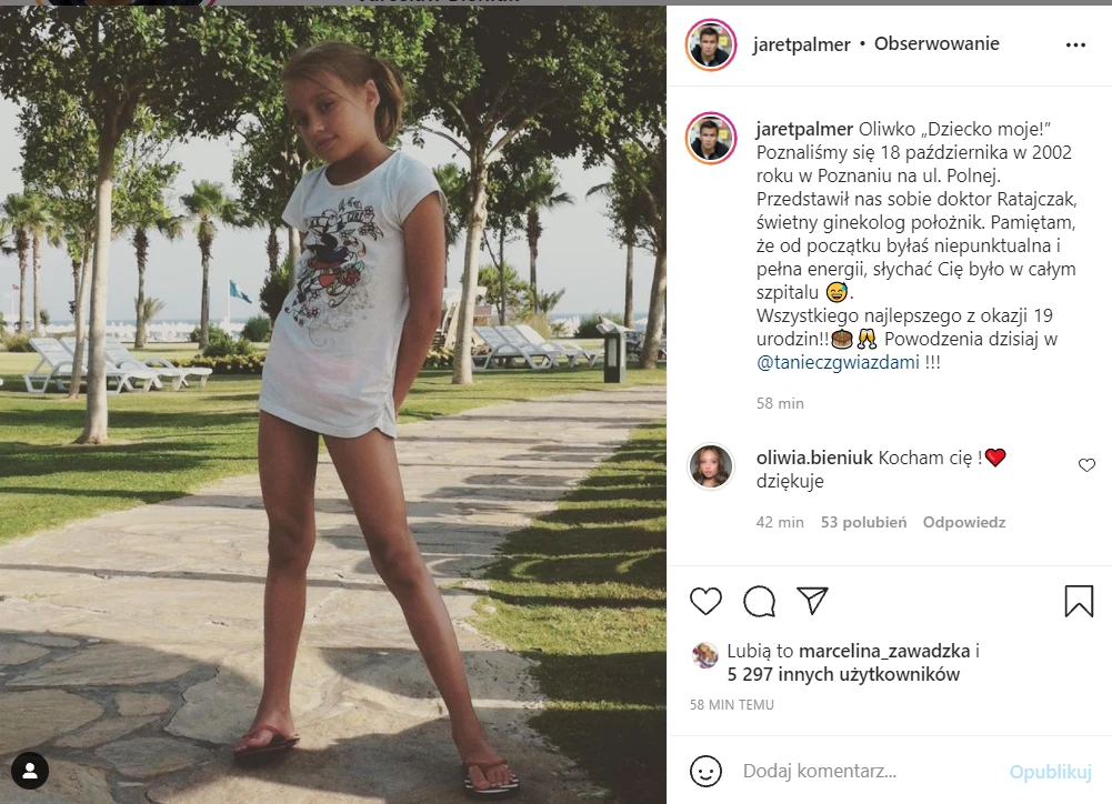 Jarosław Bieniuk składa życzenia urodzinowe Oliwii Bieniuk/ źródło: https://www.instagram.com/jaretpalmer/?hl=pl 