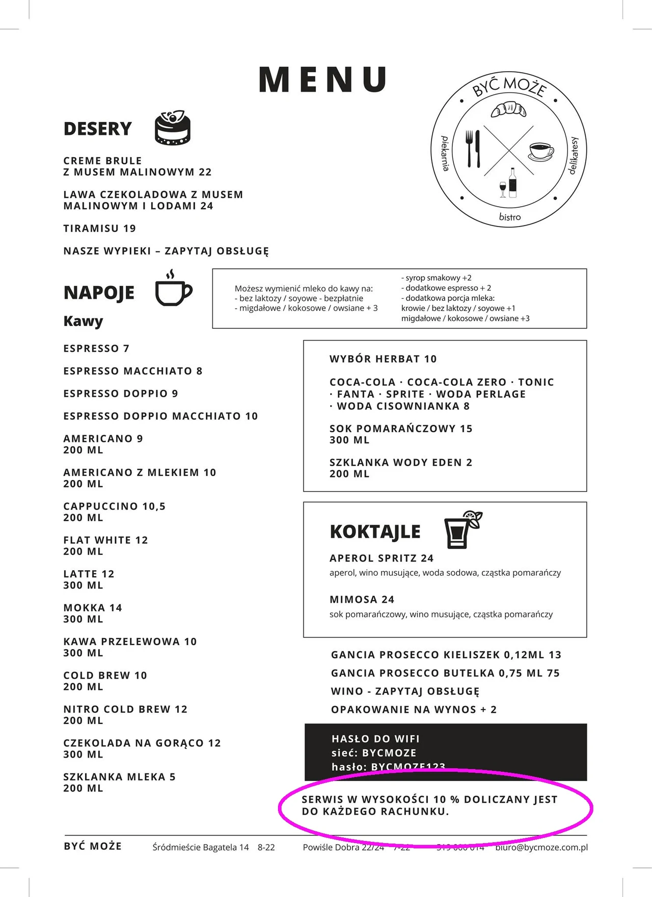 Menu restauracji "Być Może" https://www.facebook.com/bycmozewarszawa/menu