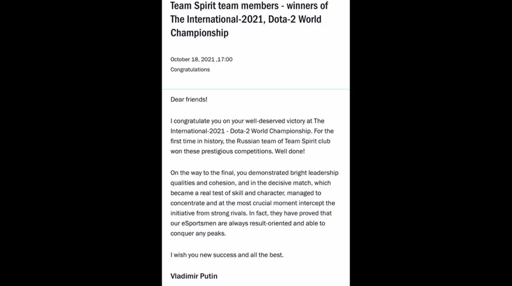 Fragment wiadomości nadesłanej przez Władimira Putina Fragment wiadomości nadesłanej przez Władimira Putina