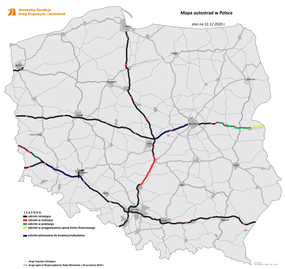 Mapa autostrad w Polsce (dane na koniec 2020 roku)