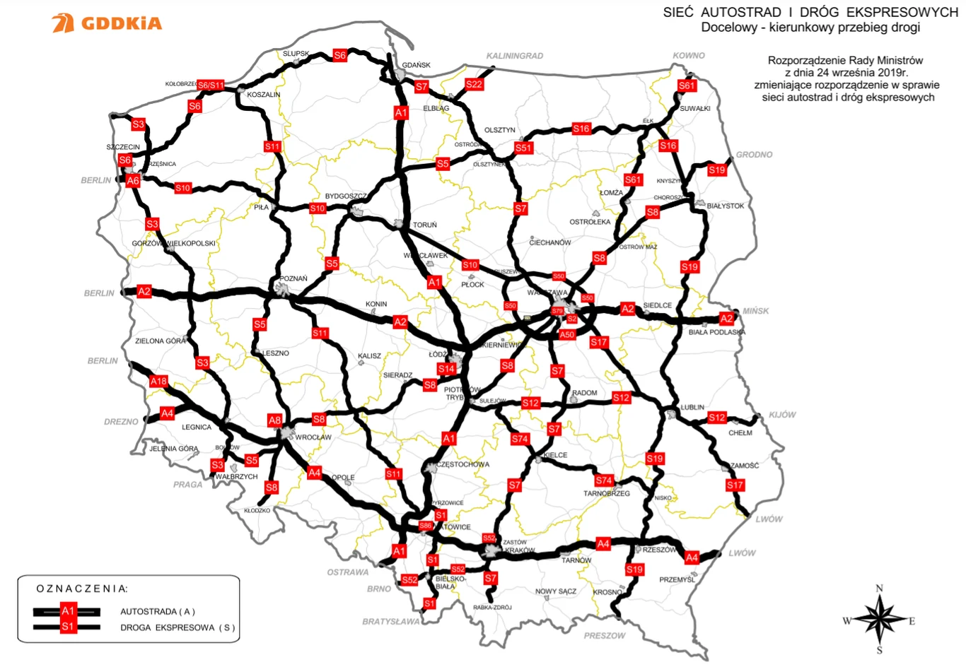 Docelowa mapa autostrad i dróg ekspresowych w Polsce.