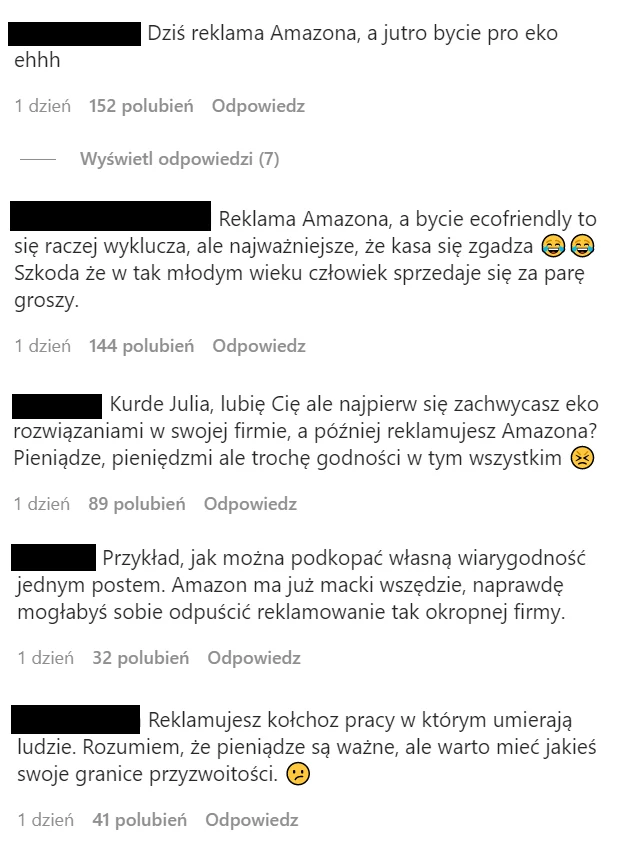 Komentarze pod postem Julii Wieniawy