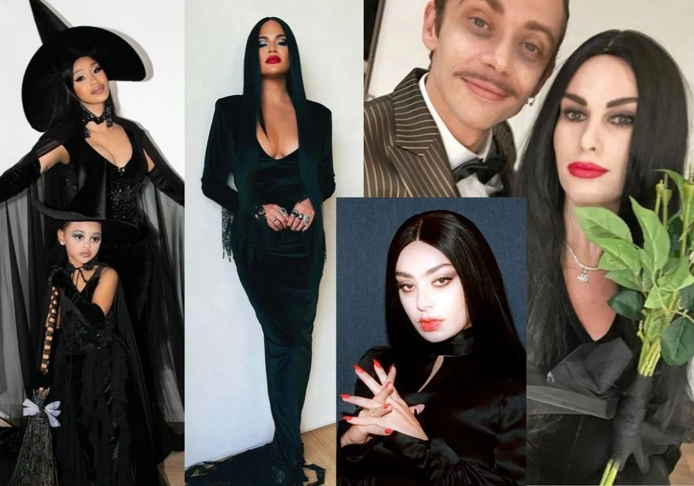 Gwiazdy jako Morticia Addams fot. Instagram (instagram.com/iamcardib, instagram.com/chrissyteigen, instagram.com/charli_xcx, instagram.com/francescasofianovello)