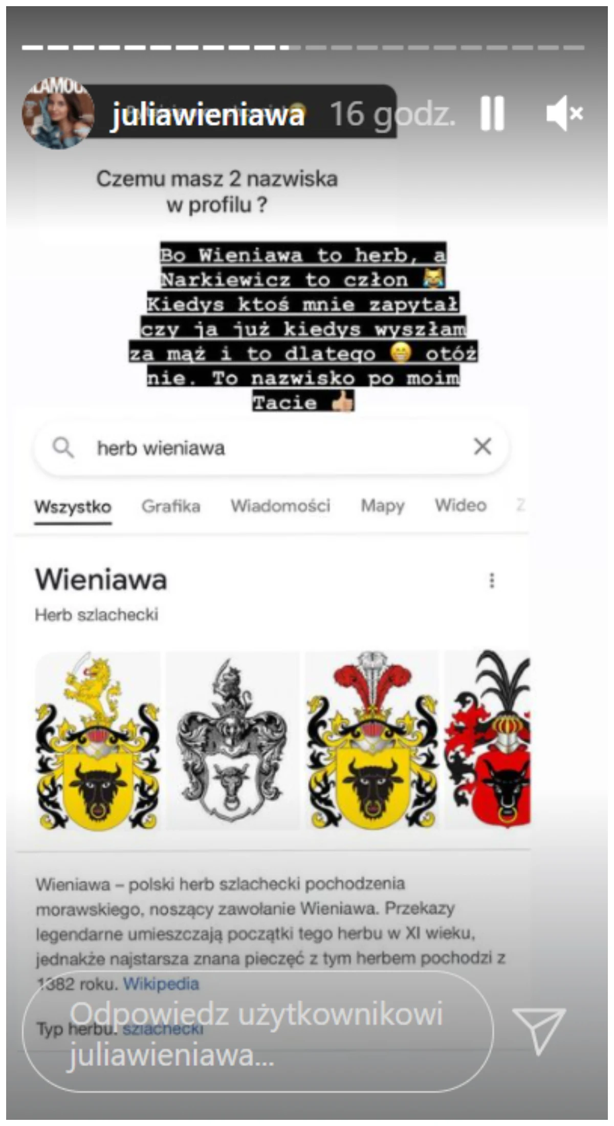 Instastory Julii Wieniawy, fot. https://www.instagram.com/juliawieniawa/ Instastory Julii Wieniawy, fot. https://www.instagram.com/juliawieniawa/