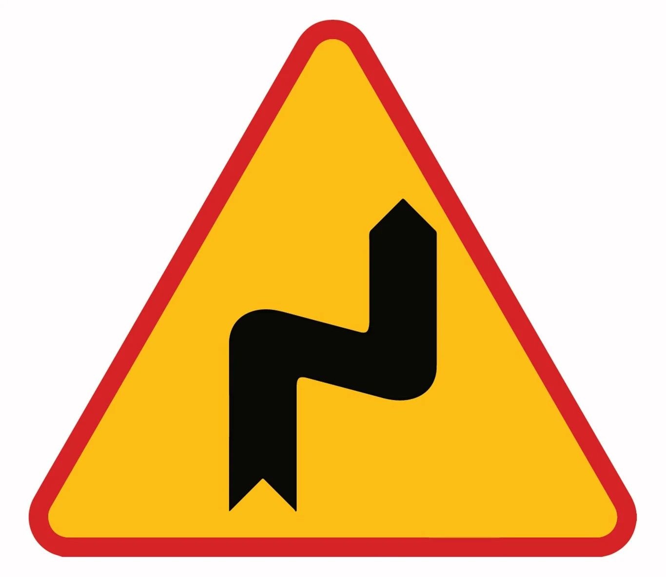 Znak ostrzegawczy A-3. Dwa niebezpieczne zakręty - pierwszy w prawo.