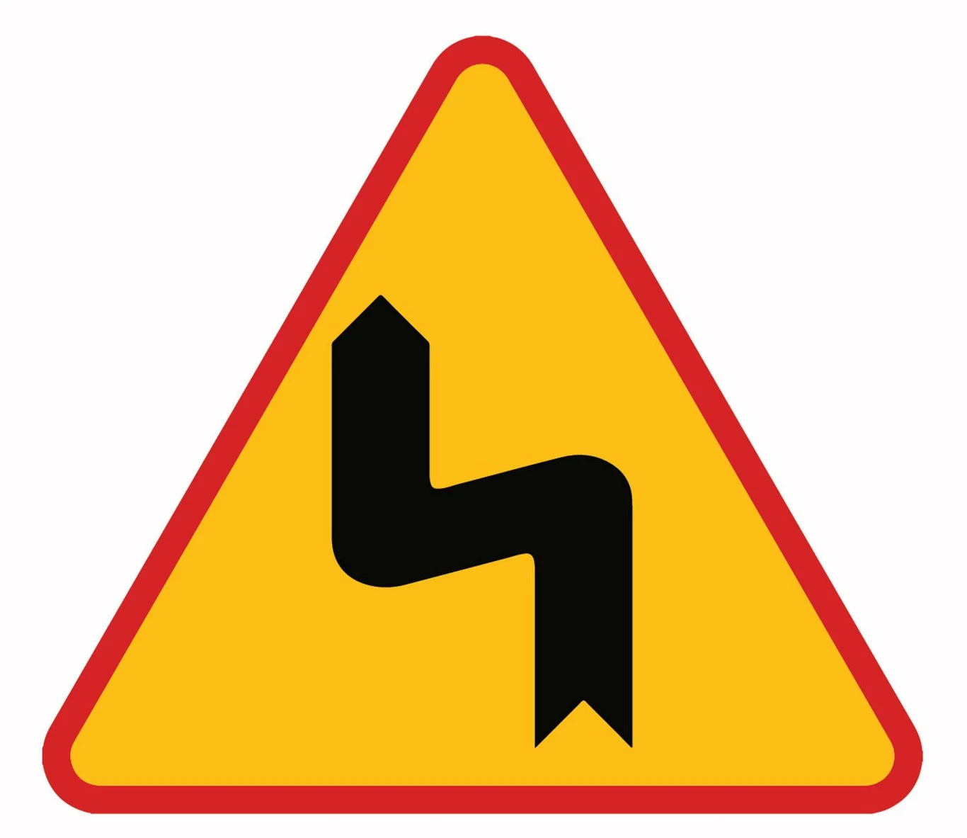 Znak ostrzegawczy A-4. Dwa niebezpieczne zakręty - pierwszy w lewo.