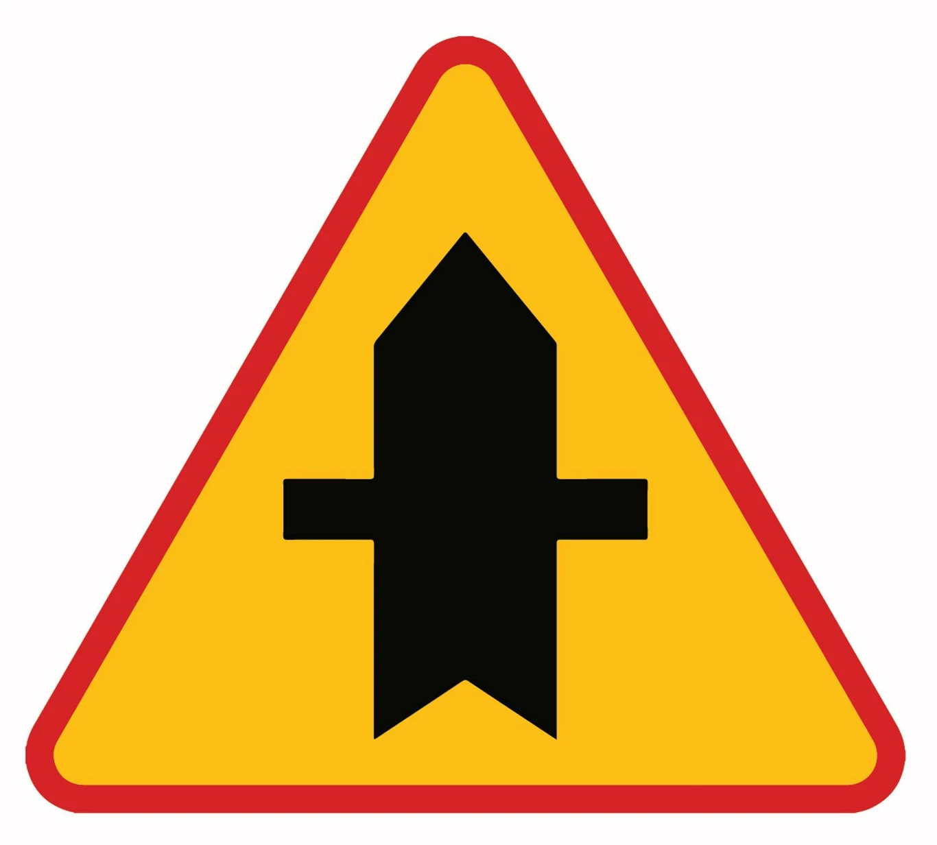 Znak ostrzegawczy A-6a. Skrzyżowanie z drogą podporządkowaną występującą po obu stronach.