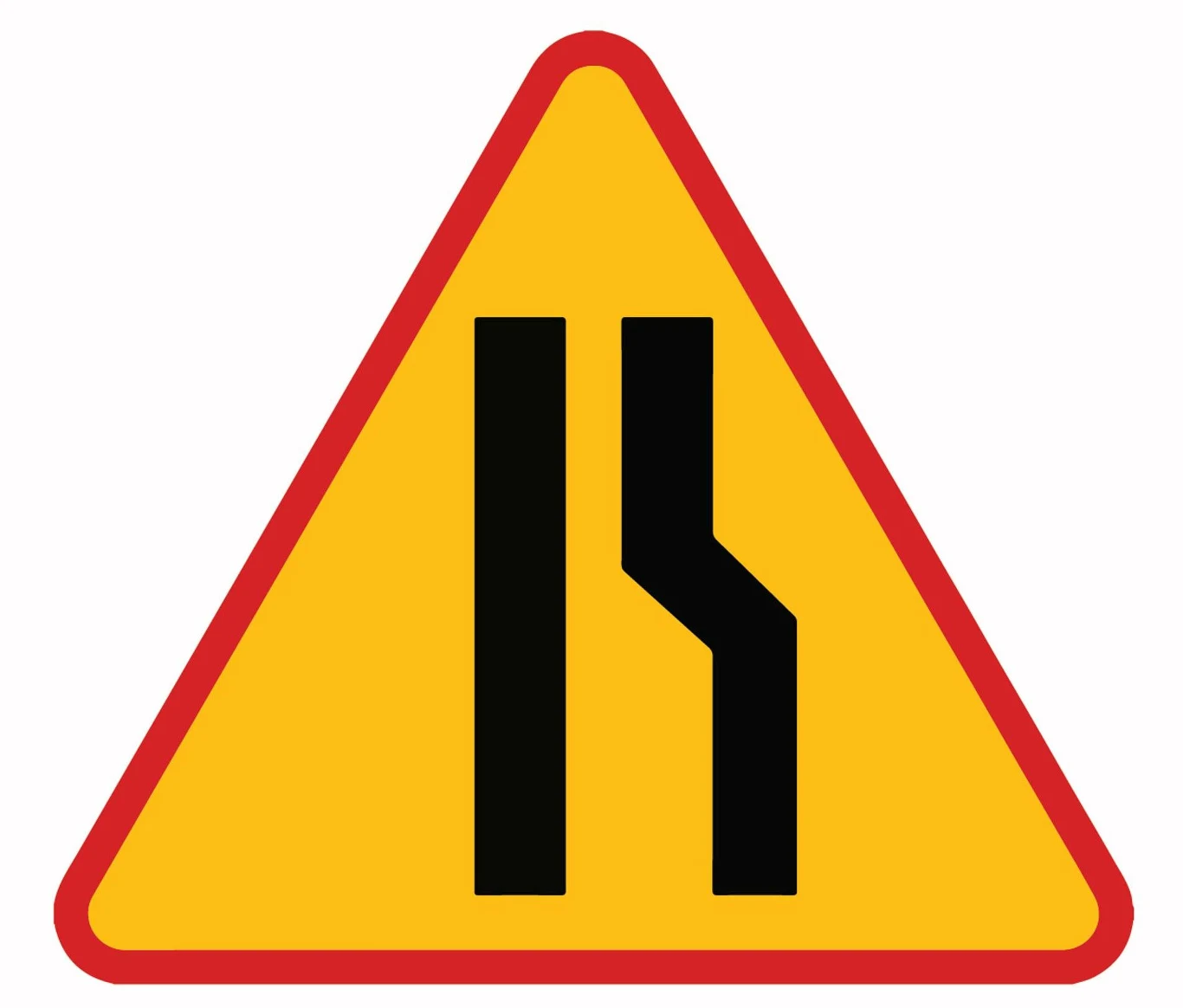 Znak ostrzegawczy A-12b. Zwężenie jezdni – prawostronne.