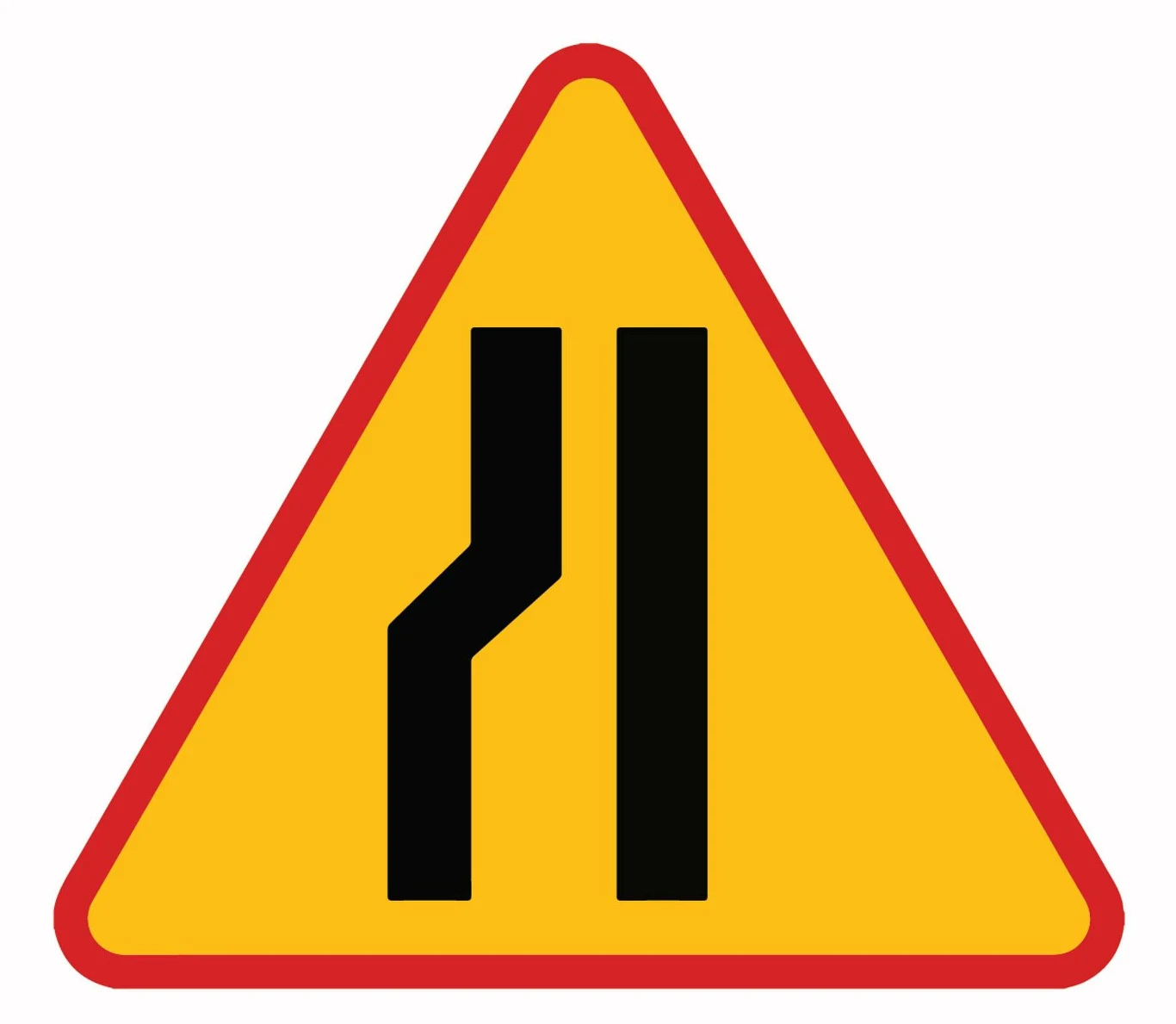 Znak ostrzegawczy A-12c. Zwężenie jezdni – lewostronne.