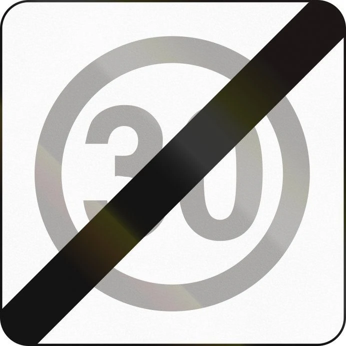 Znak B-44. Koniec strefy ograniczonej prędkości.