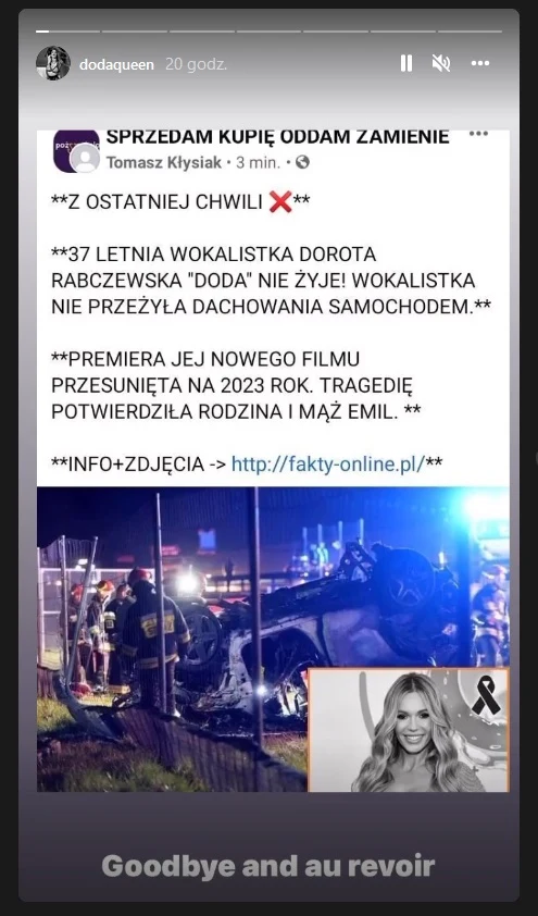Informację o swojej śmierci opublikowała Doda na InstaStories. Jest to oczywiście fake news, fot. dodaqueen Informację o swojej śmierci opublikowała Doda na InstaStories. Jest to oczywiście fake news, fot. dodaqueen