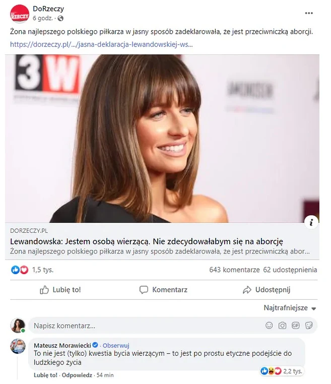 Mateusz Morawiecki skomentował wypowiedź Anny Lewandowskiej