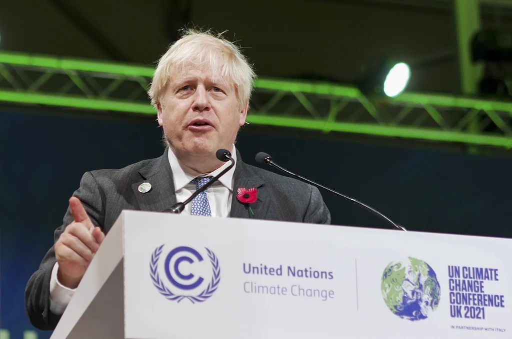 Premier Wielkiej Brytanii Boris Johnson przemawiający podczas szczytu klimatycznego COP26.