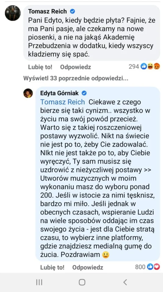 Edyta Górniak odpowiada na komentarz dziennikarza Tomasza Reicha Edyta Górniak odpowiada na komentarz dziennikarza Tomasza Reicha