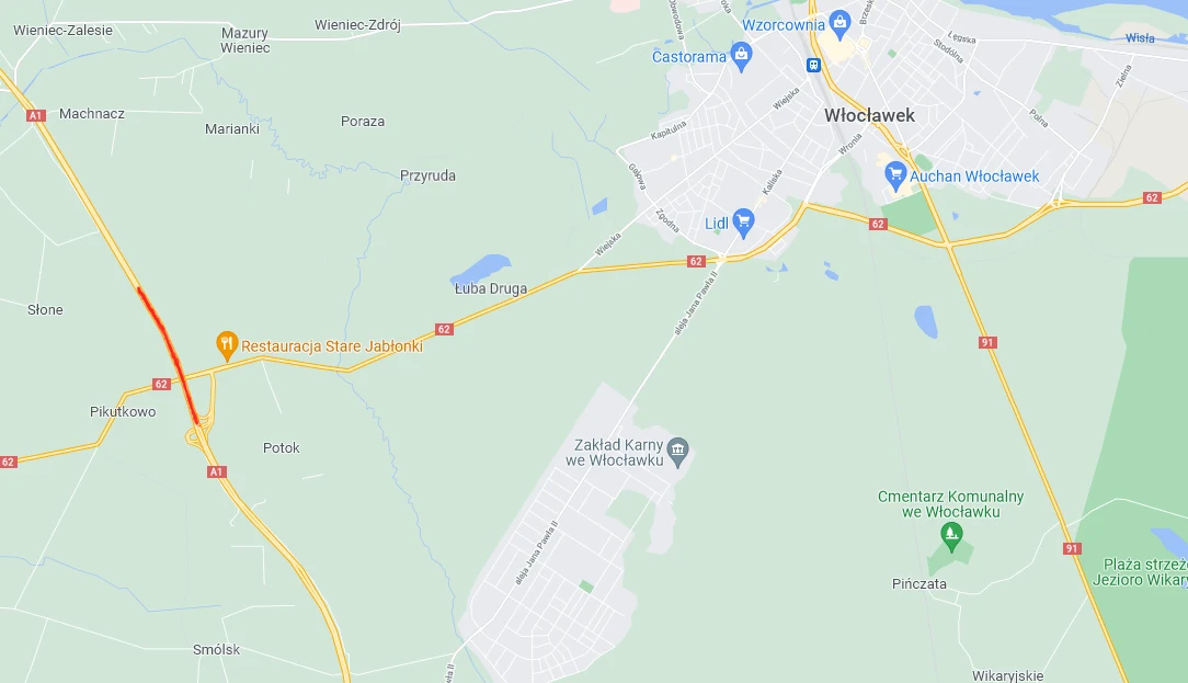 odcinek Autostrady Bursztynowej A1, po której poruszał się kierowca sedana. odcinek Autostrady Bursztynowej A1, po której poruszał się kierowca sedana.