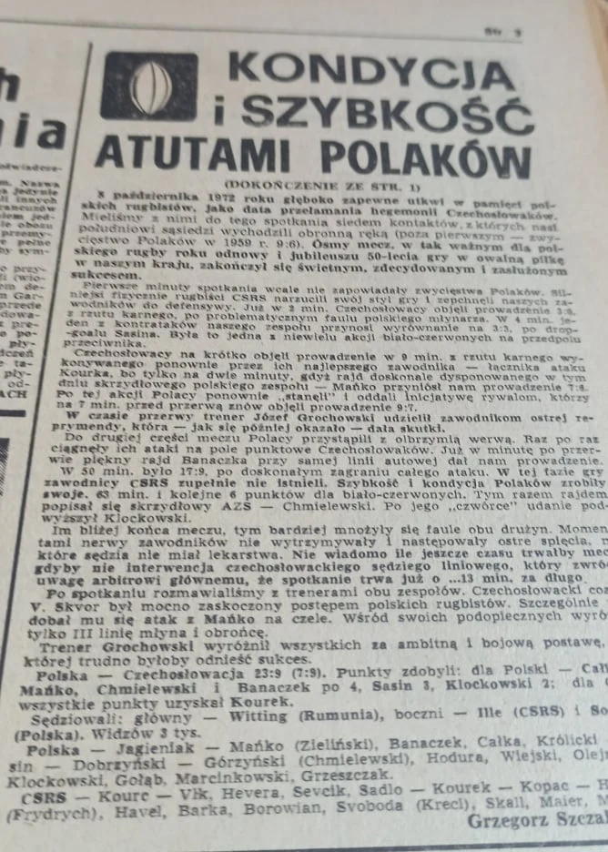 Mecz rugby Polski z Czechosłowacją z 1972 r.. W relacji w "Przeglądzie Sportowym" wspomniany jest jubileusz 50-lecia rugby w Polsce. 